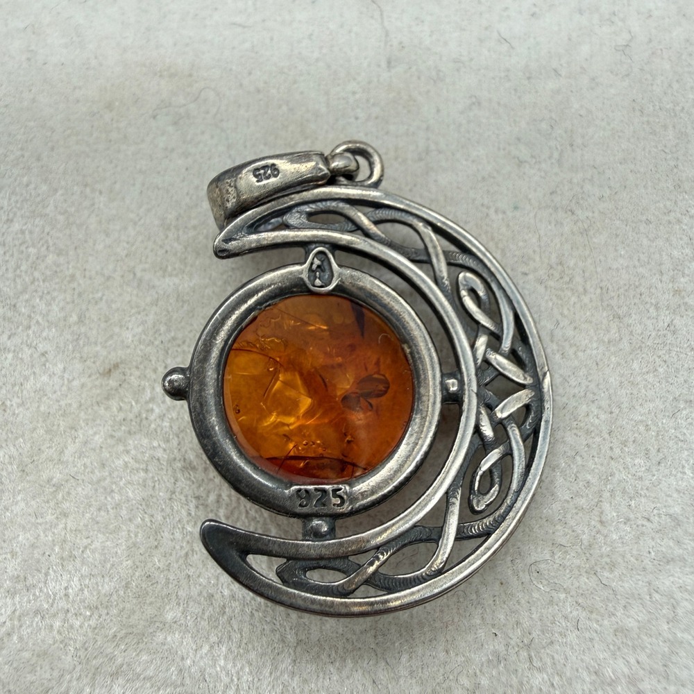 Celtic Crescent Moon Amber Pendant Sterling Silver 925 Cognac Cabochon - Picture 4 of 7
